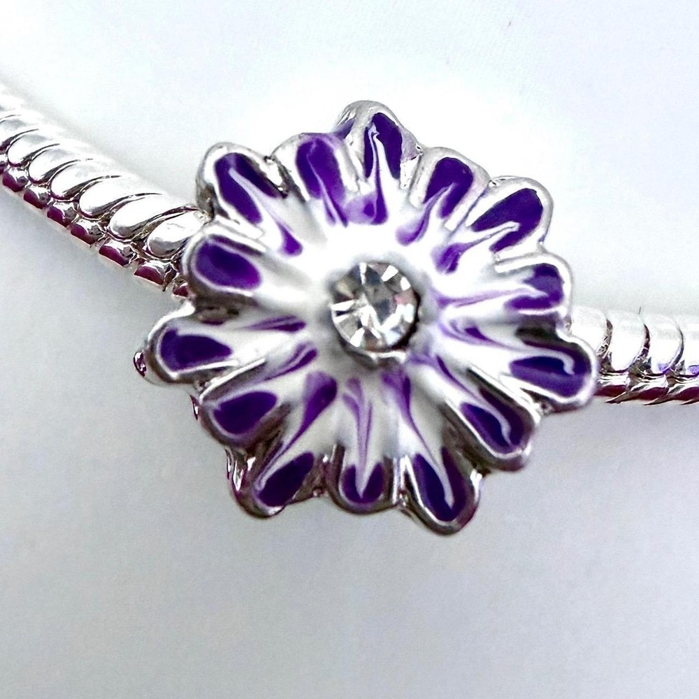 Pandora-like Silver Purple Flower Bead Charm Fits Snake‎ Chain Bracelet